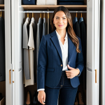 A confident professional woman, mid-30s, fully clothed in a modest business casual outfit, standing gracefully in a spacious, well-lit, minimalist walk-in closet. She wears a crisp white button-down shirt, well-fitting dark wash jeans, and a tailored navy blazer. Her clothing is appropriate attire and showcases a professional dress style. The organized closet features neatly arranged neutral-toned garments, reflecting thoughtful curation. Natural light fills the space. This image is safe for work, appropriate content, fully clothed, professional, modest, with perfect anatomy, correct proportions, natural pose, well-formed hands, proper finger count, natural body proportions, high-quality professional photography.